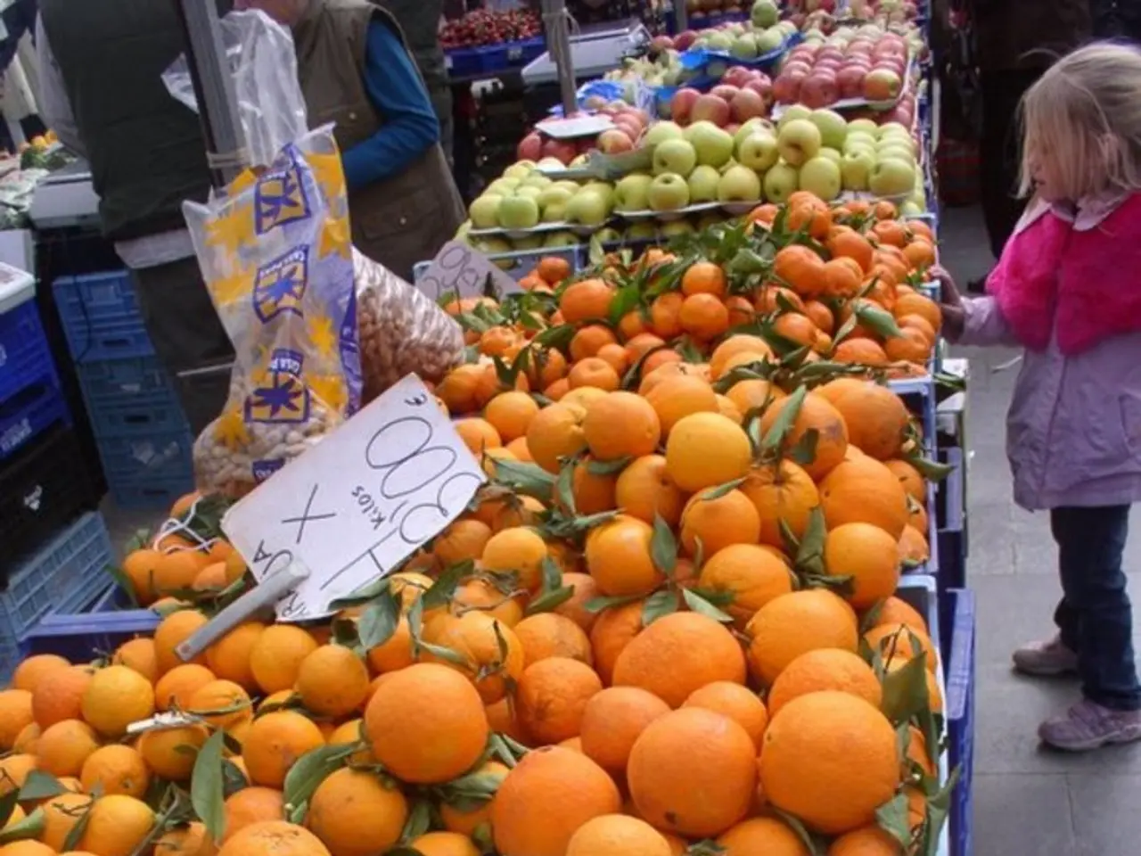 In this image I can see tonnes of fruits in a tray and two persons are standing on the floor. This...