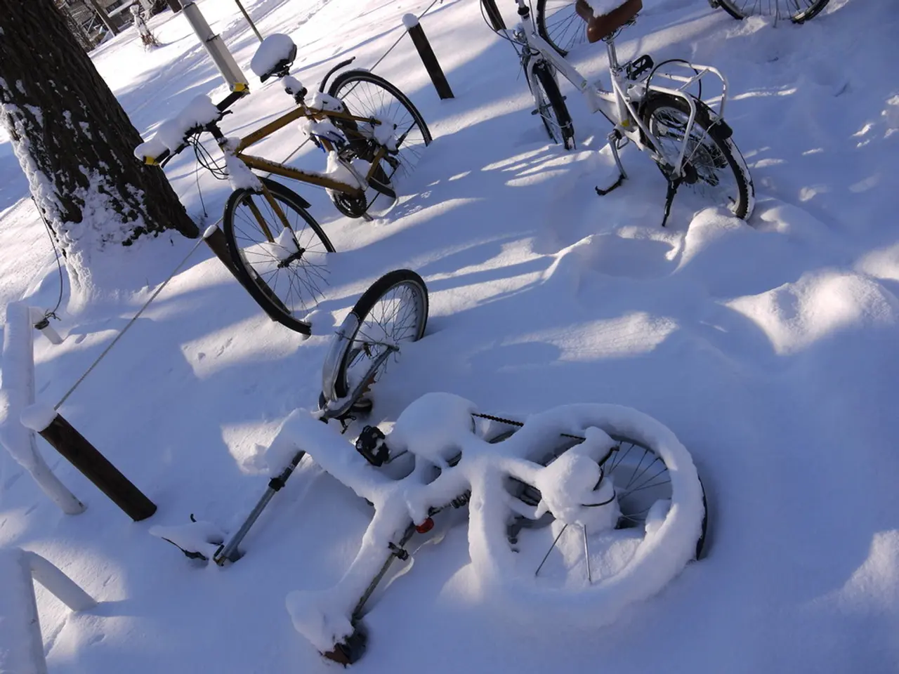 In this image there are so many bicycles on the snow which are partially covered with snow, beside...