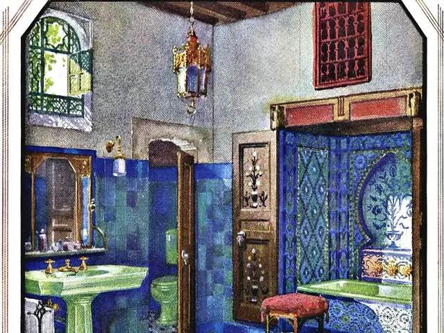 Unconventional yet effective bathroom design: Robert Downey Jr.'s blue, red, and stone color...