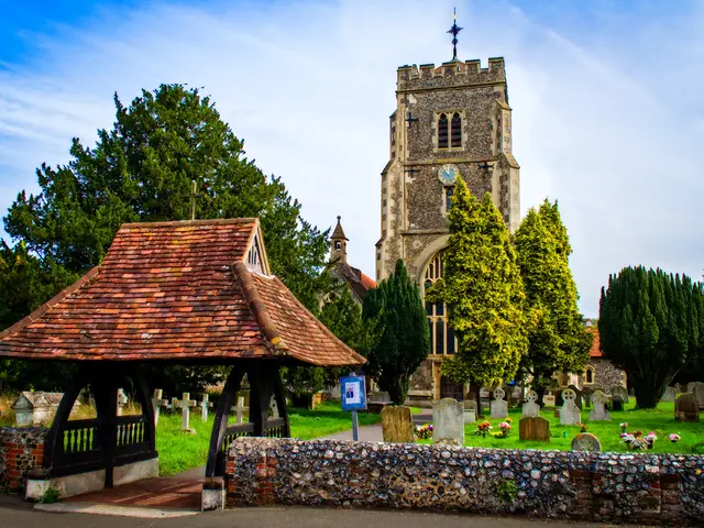 This is an edited image, in this image there are some buildings, trees, wall, cemeteries, grass,...