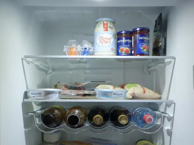 In this picture we can see an inside view of a refrigerator, we can see compartments, there are...