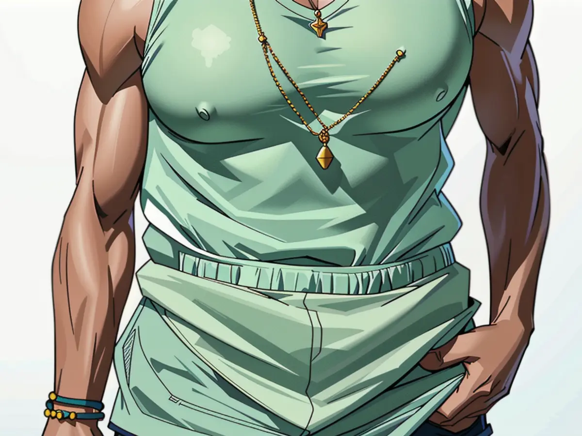 Individual casually dressed in a sleeveless V-neck, frayed denim shorts, one hand in pocket, adorned with bracelets and a necklace. Individual sporting a sleeveless V-neck garment and torn denim shorts, casually positioned hand within pocket, adorned with bracelets and a necklace.