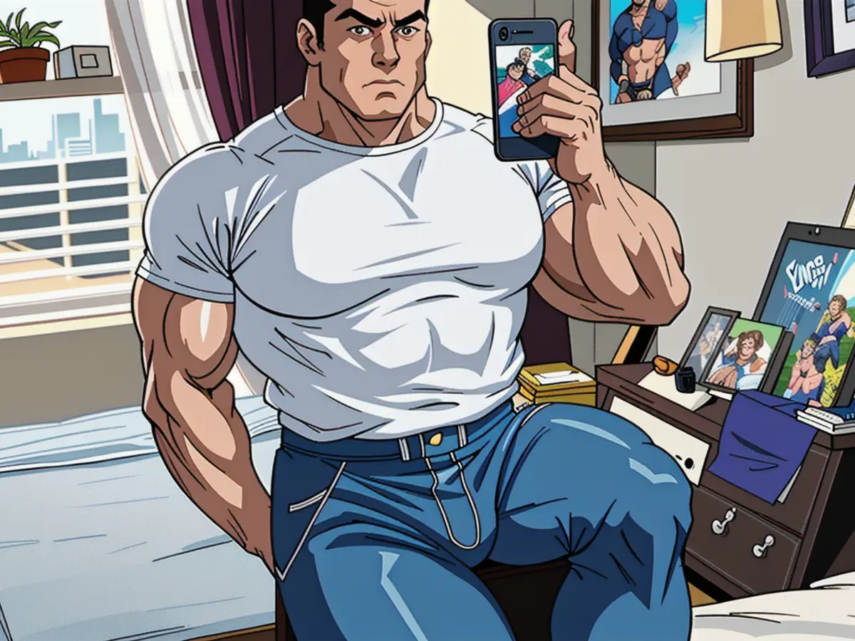Selfie snapped in a bedroom by a reviewer wearing a white T-shirt and wide-leg blue trousers. Selfie snapped in a bedroom, featuring a reviewer in a white tee and loose blue trousers.