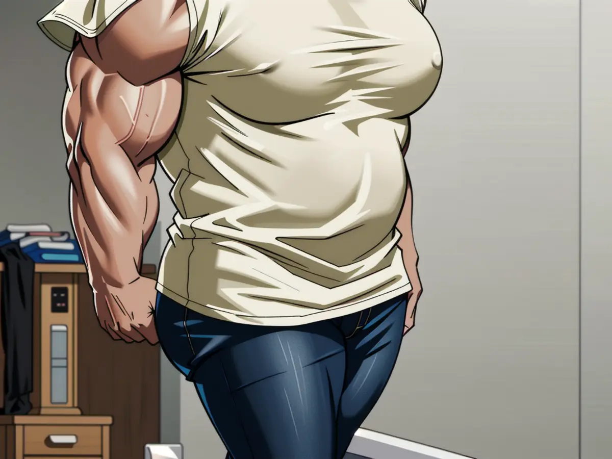 Individual sporting a textured, casual top featuring rolled-up cuffs, coupled with snug-fitting denims, depicted indoors. Individual donning a relaxed-fit, textured top featuring rolled-up sleeves, accompanied by snug-fitting denims, poses indoors.