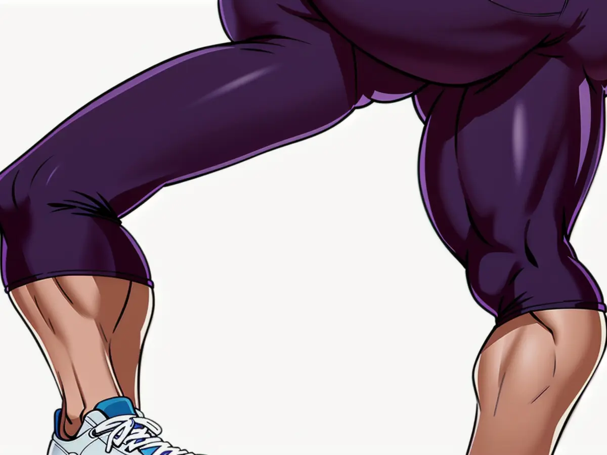 Athletic wear enthusiast flaunts high-waisted, figure-hugging leggings accompanied by white running shoes, exemplifying a sporty outfit. A fitness enthusiast donning tight, high-waisted athletic leggings and white sneakers, demonstrates a sporty outfit style.