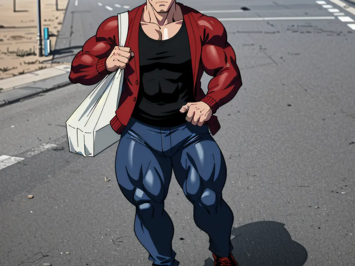 Black-tank-topped individual, accessorized with a red cardigan, strolls down the street while carrying a tote bag over their shoulder. Individual in red cardigan strolling along street, accompanied by black tote bag slung over shoulder.