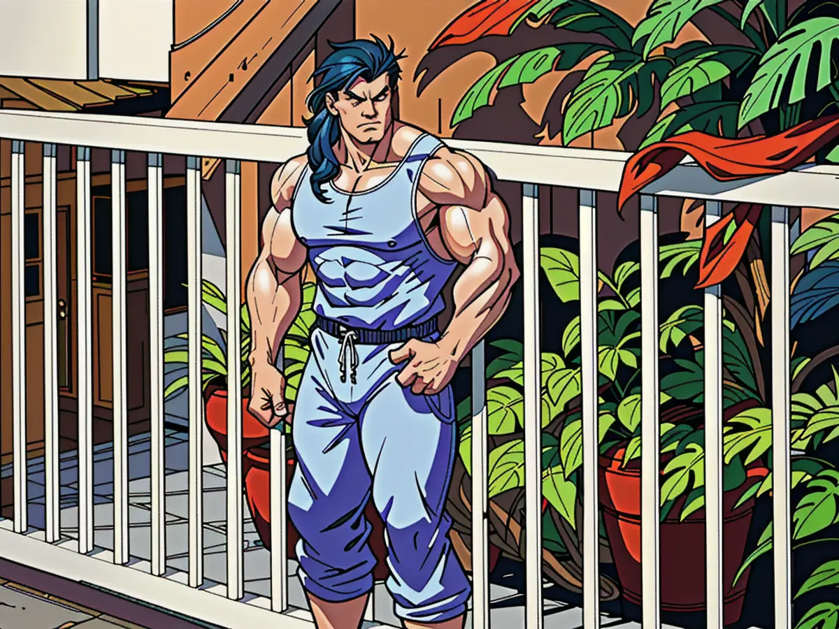 Individual sporting a patchwork jumpsuit casually, donning sunglasses and sneakers, poses on a porch adorned with lush tropical flora. Individual adorned in a casual patchwork jumpsuit, sporting sunglasses and sneakers, is depicted on a porch surrounded by lush tropical vegetation.
