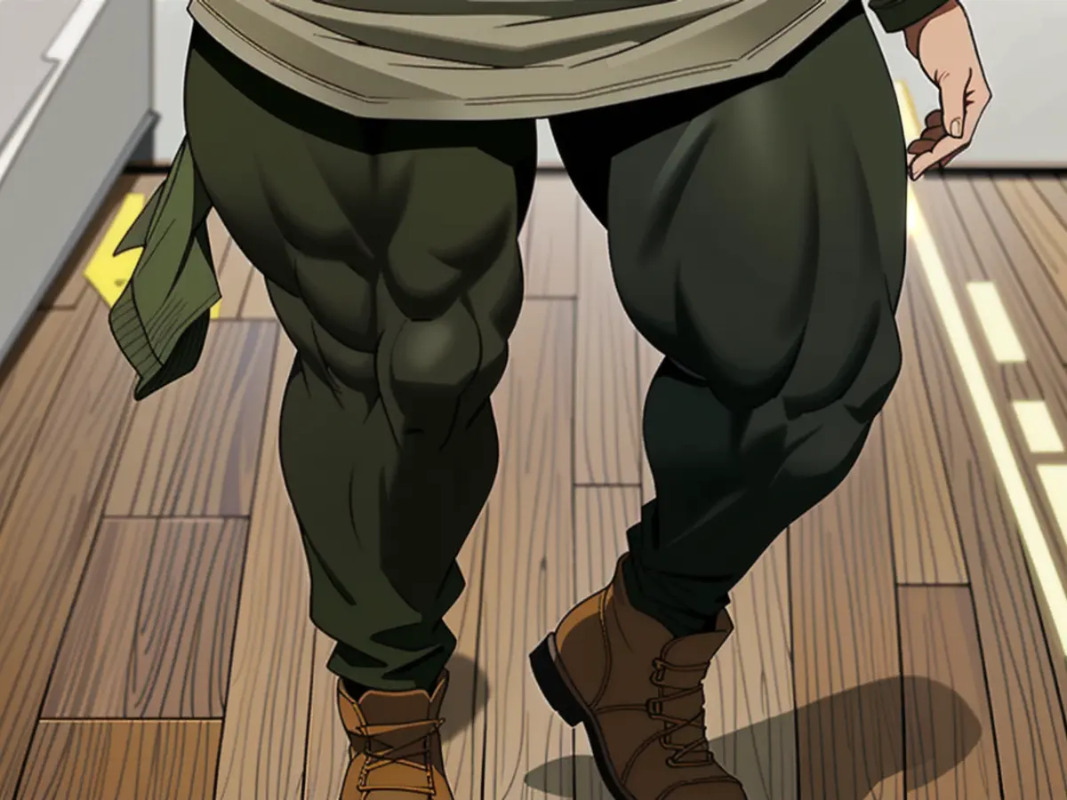 Individual clad in olive green leggings, a gray top, and tan ankle boots positioned on a wooden surface. Individual standing on wooden floor, clad in olive green leggings, gray shirt, and tan ankle boots.