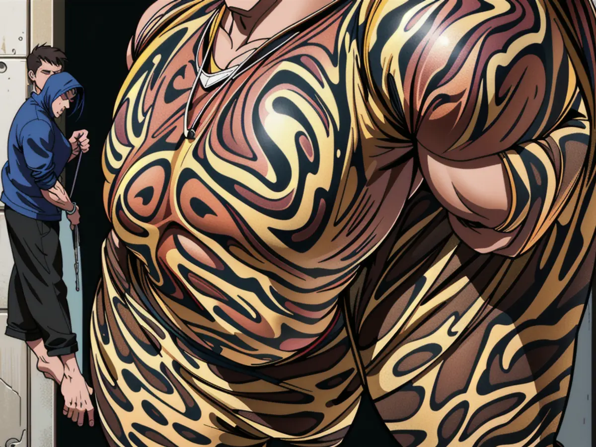 Individual clad in leopard print shorts and a dark top, positioned against a wall. Individual sporting leopard-patterned shorts and a somber top, casually leaned against a wall
