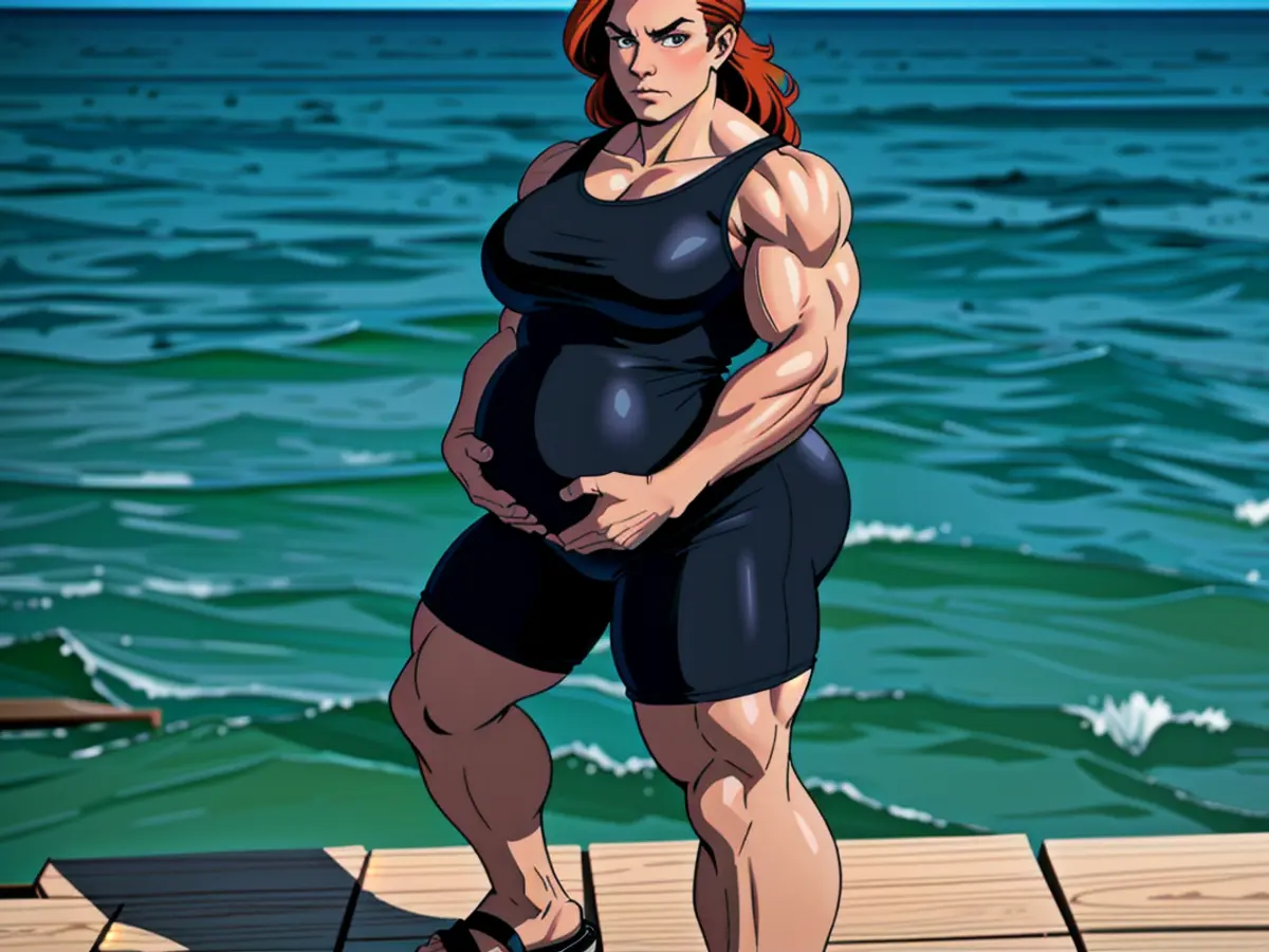 Expectant individual, attired in a black sleeveless romper and sandals, poses on a wooden pier by a serene, undisturbed sea under a clear blue sky, gazing at the camera. A expectant individual, clad in a sleeveless black romper and sandals, poses on a wooden pier against a tranquil, azure sea, gazing directly into the lens, under a clear blue sky.