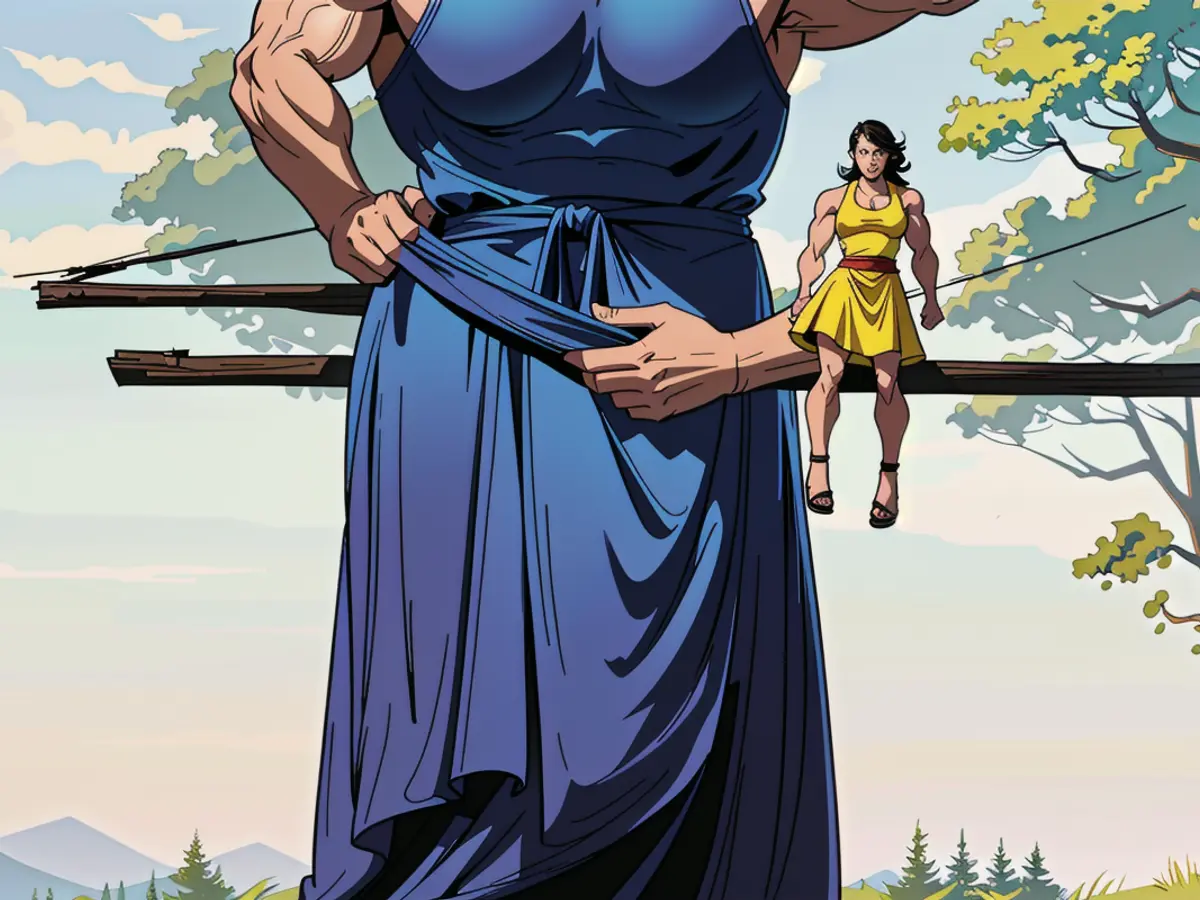 Individual in a billowing maxi dress, sporting yellow sunglasses and sandals, poses on a deck with a backdrop of trees. Individual deckside, donning a loose maxi dress, tinted yellow eyewear, and relaxed sandals, amidst a backdrop of verdant foliage.