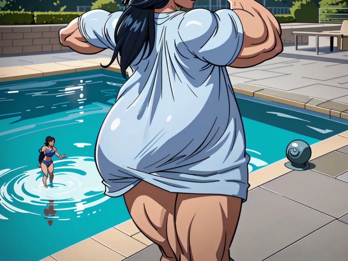 Individual casually dressed in a brief outfit, positioned by a swimming pool with a patio backdrop, flashing a smile and striking a pose, while grooming their hair. Individual, sporting a brief gown, poses by an outdoor pool and patio, exhibiting a radiant smile and gesturing with a hand in their hair.
