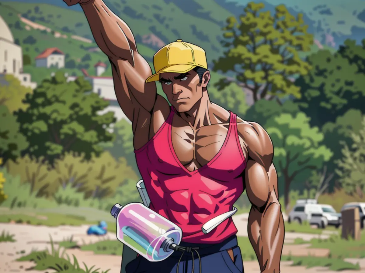 Outdoor individual in active attire, donning a hat, cross-body bag, and clutching a water bottle, seen beaming enthusiastically with an arm aloft. Outdoor enthusiast sporting activewear, cap, crossbody bag, and water bottle, displaying a lively, one-armed cheer posed for the camera.