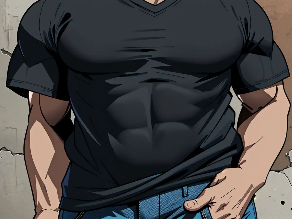 Individual, sporting a laid-back black V-neck tee and denim shorts, nonchalantly arranged against a textured backdrop. Individual casually positioned against a textured backdrop, sporting a loose black V-neck tee and denim shorts.