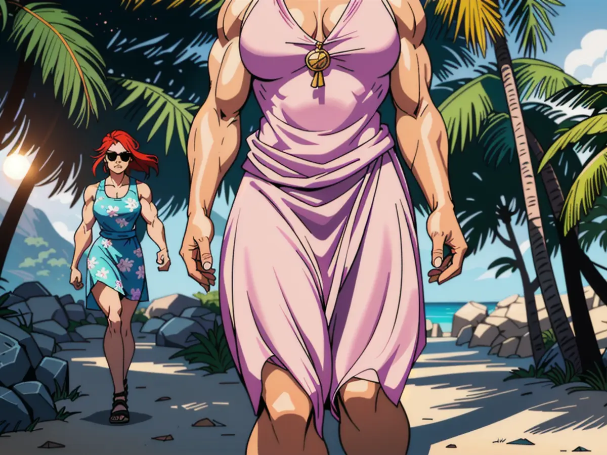 A person adorned in a floral summer attire and donning sunglasses ambles on a radiant stone pathway embellished with palm trees and beach cabanas under the azure sky. Individual strolling down a sun-kissed stone passage adorned with palm trees and beach cabanas, dressed in a blooming summer frock and sporting sunglasses.