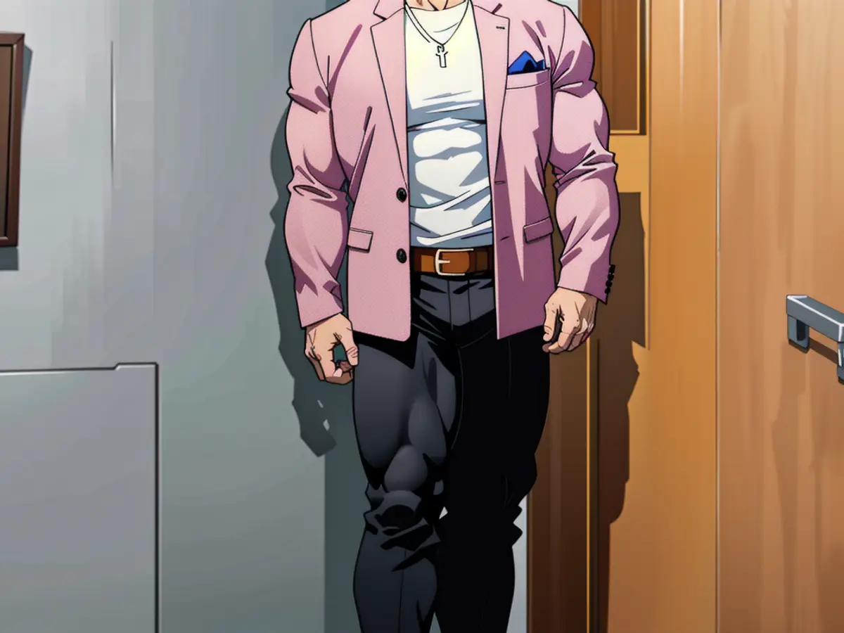 Individual, attired in a pink-textured blazer, a white top, black trousers, and brown footwear, beams while posing nearby an indoor door. Individual poses cheerfully against an indoor door, donned in a pink-textured blazer, white shirt, black slacks, and brown footwear.