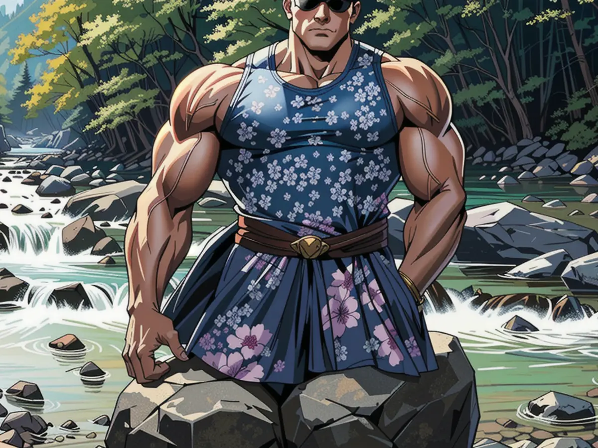 Floral dress-clad scrutinizer poses on stone outcroppings next to a flowing watercourse amidst a woodland landscape, wearing sunglasses. Floral-dressed reviewer stationed on stone outcrops adjacent to a forest stream, donning sunglasses in the natural setting.