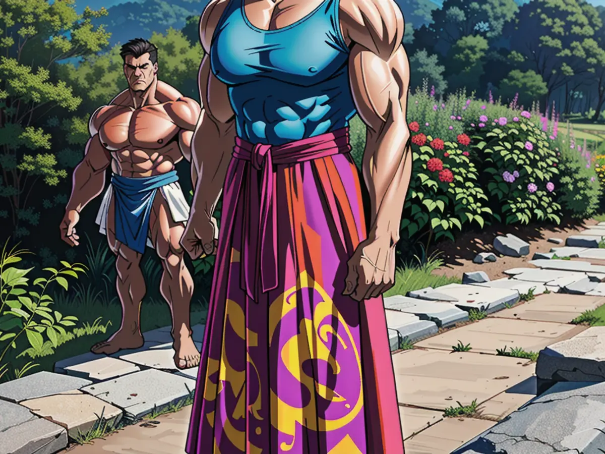 Individual spotted outdoors, clad in a sleeveless garment and a striking, patterned skirt extendingly long, positioned on a cobblestone avenue flanked by verdant vegetation. Individual situated outdoors, clad in a sleeveless garment and a striking, multi-colored, patterned skirts, positioned on a cobblestone path amidst verdant surroundings.
