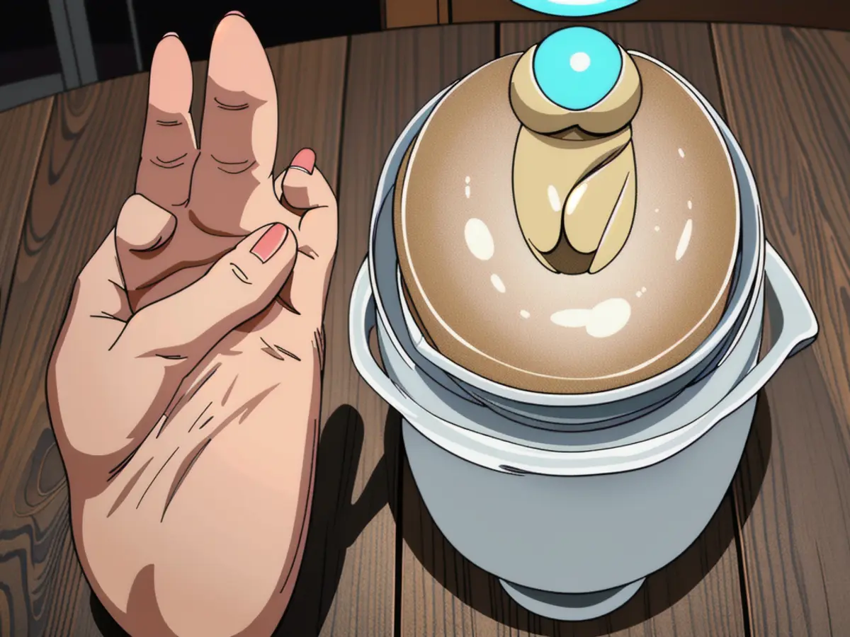 Kitchen appliance in focus: Effortless egg boiling made simple with countertop cooker, as indicated by the demonstrative hand gesture. Display of a kitchen appliance, an egg cooker, with eggs within, demonstrating a tool simplifying hard-boiled egg preparation.