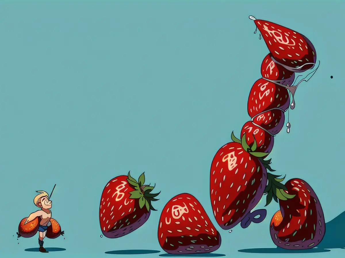 Tool for Efficiently Removing Strawberry Stems Displayed on Fresh Berries Against Simple Background, Illustrating Its Operation Tool for Removing Strawberry Stems Displays Simple Operation on Fresh Berries Against a Clean Backdrop
