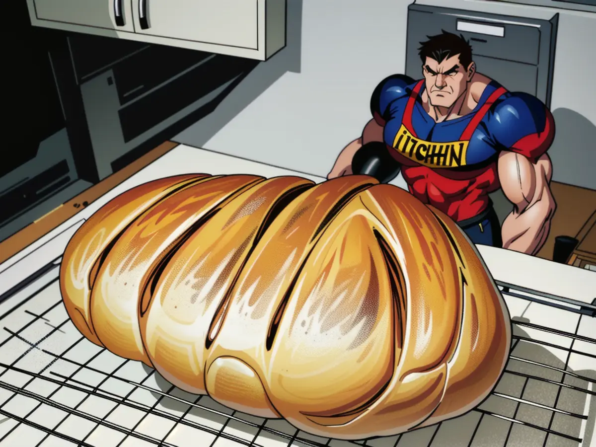 Warm loaf of freshly baked bread resting on a rack within a kitchen atmosphere. Homemade loaf of bread cooling on a wire rack amidst a domestic kitchen environment
