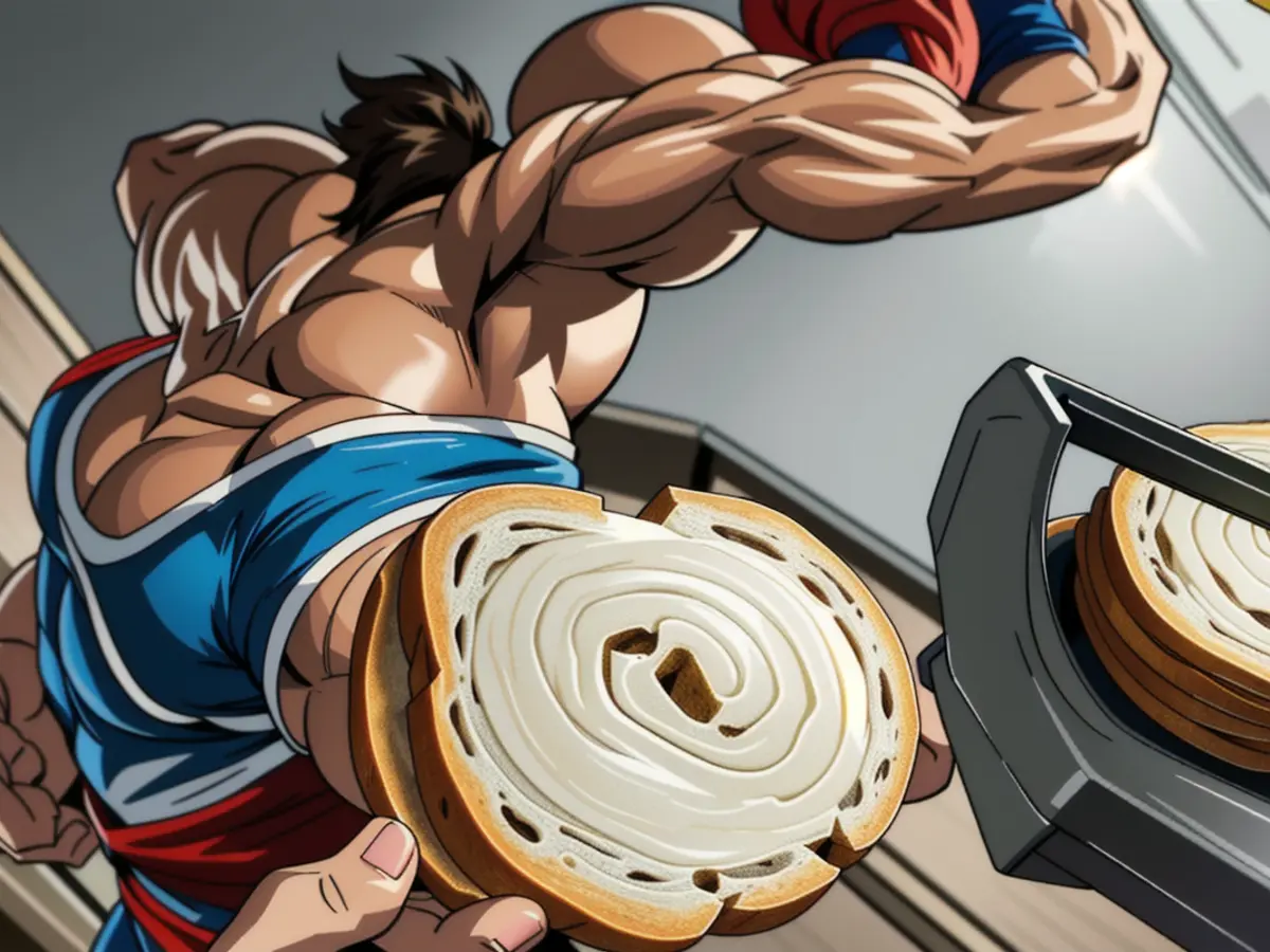 Sandwich sans crusts, cradled by fingertips, atop a scattering of discarded crusts on the counter. Close-up image of a hand holding a clean, circular sandwich without crusts, positioned amidst discarded bread edges on a countertop.