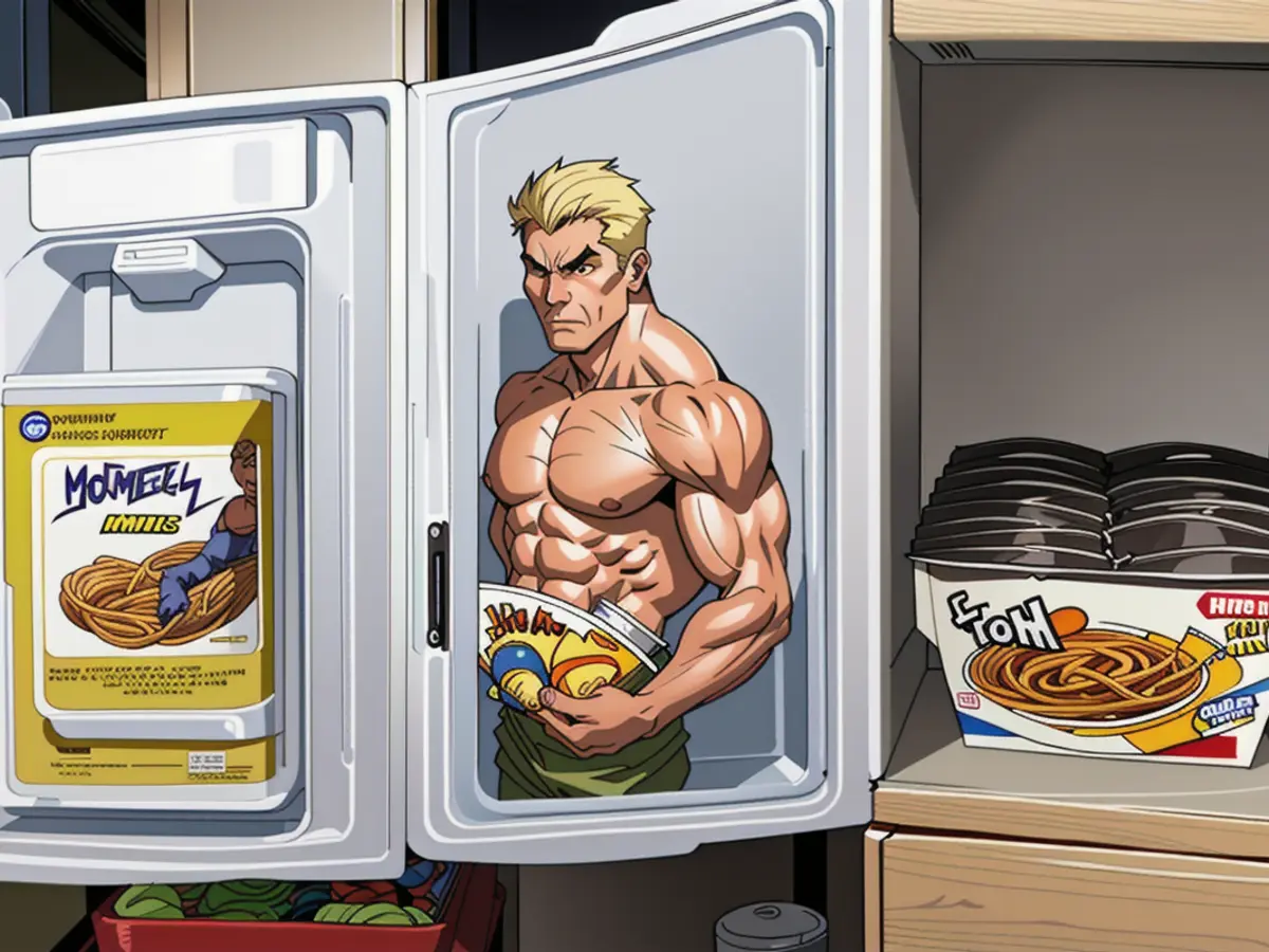 Spaghetti, prepared and kept in plastic containers with foil covers, stored within a refrigerator's drawer. Spaghetti, freshly cooked and wrapped in foil, organized in plastic containers, kept in a refrigerator's drawer.