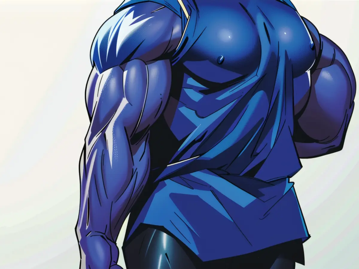 User asks for description of an image: Individual in casual attire, sporting a blue hoodie with hood pulled up and loose-fitting jeans, casually positioned in a setting.